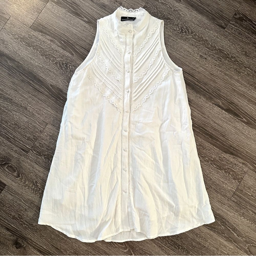 Pomander Place Sleeveless White Button Down Dress